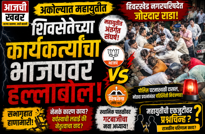 पोलिस घटनास्थळी दाखल परिस्थिती नियंत्रणाबाहेर जात असल्याचे पाहून तातडीने पोलिसांना पाचारण करण्यात आले. पोलिसांनी घटनास्थळी धाव घेत दोन्ही गटांच्या कार्यकर्त्यांना शांत करण्याचा प्रयत्न केला. मोठ्या प्रयत्नांनंतर पोलिसांनी जमावाला पांगवून परिस्थिती नियंत्रणात आणली. मात्र, तोपर्यंत महायुतीतील ही अंतर्गत धुसफूस सर्वांसमोर आली होती. महायुतीत संघर्ष का? राज्य पातळीवर भाजप आणि शिवसेना (शिंदे गट) हे मित्रपक्ष असले तरी, स्थानिक पातळीवर अनेक ठिकाणी त्यांच्यात वर्चस्वाची लढाई सुरू आहे. हिवरखेडमधील ही घटना याच स्थानिक गटबाजी आणि नेतृत्वाच्या संघर्षाचे प्रतीक आहे. स्थानिक स्वराज्य संस्थांमध्ये स्वतःचे वर्चस्व टिकवण्यासाठी किंवा वाढवण्यासाठी अनेकदा अशा प्रकारच्या संघर्षाला तोंड फुटते. विकासकामांवरून किंवा निधी वाटपावरून हे वाद उफाळून येऊ शकतात, जे नंतर वैयक्तिक संघर्षात बदलतात. आगामी स्थानिक स्वराज्य संस्थांच्या निवडणुकांच्या पार्श्वभूमीवर असे वाद अधिक तीव्र होण्याची शक्यता नाकारता येत नाही. राजकीय परिणाम काय? या घटनेमुळे अकोला जिल्ह्यातील महायुतीतील एकजुटीवर प्रश्नचिन्ह निर्माण झाले आहे. अशा घटनांमुळे विरोधकांना महायुतीवर टीका करण्याची संधी मिळते. स्थानिक पातळीवर जर समन्वय नसेल, तर याचा परिणाम आगामी लोकसभा आणि विधानसभा निवडणुकांवरही होऊ शकतो. दोन्ही पक्षांच्या वरिष्ठ नेत्यांना या स्थानिक वादाची गांभीर्याने दखल घेऊन त्यावर तोडगा काढण्याची गरज आहे, अन्यथा याचा फटका महायुतीला बसू शकतो. थोडक्यात सांगायचे झाल्यास, अकोल्यातील हिवरखेडमध्ये घडलेला हा प्रकार महायुतीतील अंतर्गत संघर्षाचे प्रतीक आहे. राज्य पातळीवर एकजुटीचे चित्र असले तरी, स्थानिक पातळीवर अजूनही कुरबुरी सुरू असल्याचे या घटनेतून स्पष्ट होते. या घटनेवर दोन्ही पक्षांचे वरिष्ठ नेते काय भूमिका घेतात आणि याचा आगामी निवडणुकांवर काय परिणाम होतो, हे पाहणे महत्त्वाचे ठरेल. स्थानिक पातळीवरील हे वाद मिटवून महायुती आपली एकजूट कशी टिकवते, हे पाहणे औत्सुक्याचे ठरेल. **अकोला राजकारण, महायुती वाद, हिवरखेड राडा, भाजप शिवसेना संघर्ष, शिंदे गट अकोला**