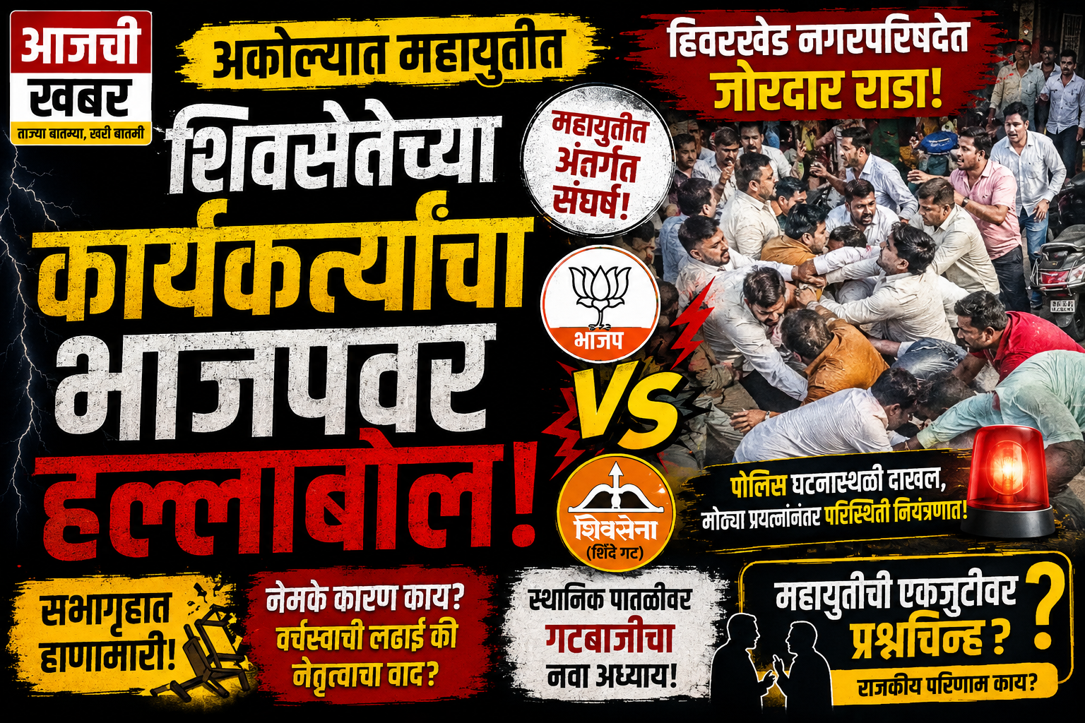 पोलिस घटनास्थळी दाखल परिस्थिती नियंत्रणाबाहेर जात असल्याचे पाहून तातडीने पोलिसांना पाचारण करण्यात आले. पोलिसांनी घटनास्थळी धाव घेत दोन्ही गटांच्या कार्यकर्त्यांना शांत करण्याचा प्रयत्न केला. मोठ्या प्रयत्नांनंतर पोलिसांनी जमावाला पांगवून परिस्थिती नियंत्रणात आणली. मात्र, तोपर्यंत महायुतीतील ही अंतर्गत धुसफूस सर्वांसमोर आली होती. महायुतीत संघर्ष का? राज्य पातळीवर भाजप आणि शिवसेना (शिंदे गट) हे मित्रपक्ष असले तरी, स्थानिक पातळीवर अनेक ठिकाणी त्यांच्यात वर्चस्वाची लढाई सुरू आहे. हिवरखेडमधील ही घटना याच स्थानिक गटबाजी आणि नेतृत्वाच्या संघर्षाचे प्रतीक आहे. स्थानिक स्वराज्य संस्थांमध्ये स्वतःचे वर्चस्व टिकवण्यासाठी किंवा वाढवण्यासाठी अनेकदा अशा प्रकारच्या संघर्षाला तोंड फुटते. विकासकामांवरून किंवा निधी वाटपावरून हे वाद उफाळून येऊ शकतात, जे नंतर वैयक्तिक संघर्षात बदलतात. आगामी स्थानिक स्वराज्य संस्थांच्या निवडणुकांच्या पार्श्वभूमीवर असे वाद अधिक तीव्र होण्याची शक्यता नाकारता येत नाही. राजकीय परिणाम काय? या घटनेमुळे अकोला जिल्ह्यातील महायुतीतील एकजुटीवर प्रश्नचिन्ह निर्माण झाले आहे. अशा घटनांमुळे विरोधकांना महायुतीवर टीका करण्याची संधी मिळते. स्थानिक पातळीवर जर समन्वय नसेल, तर याचा परिणाम आगामी लोकसभा आणि विधानसभा निवडणुकांवरही होऊ शकतो. दोन्ही पक्षांच्या वरिष्ठ नेत्यांना या स्थानिक वादाची गांभीर्याने दखल घेऊन त्यावर तोडगा काढण्याची गरज आहे, अन्यथा याचा फटका महायुतीला बसू शकतो. थोडक्यात सांगायचे झाल्यास, अकोल्यातील हिवरखेडमध्ये घडलेला हा प्रकार महायुतीतील अंतर्गत संघर्षाचे प्रतीक आहे. राज्य पातळीवर एकजुटीचे चित्र असले तरी, स्थानिक पातळीवर अजूनही कुरबुरी सुरू असल्याचे या घटनेतून स्पष्ट होते. या घटनेवर दोन्ही पक्षांचे वरिष्ठ नेते काय भूमिका घेतात आणि याचा आगामी निवडणुकांवर काय परिणाम होतो, हे पाहणे महत्त्वाचे ठरेल. स्थानिक पातळीवरील हे वाद मिटवून महायुती आपली एकजूट कशी टिकवते, हे पाहणे औत्सुक्याचे ठरेल. **अकोला राजकारण, महायुती वाद, हिवरखेड राडा, भाजप शिवसेना संघर्ष, शिंदे गट अकोला**