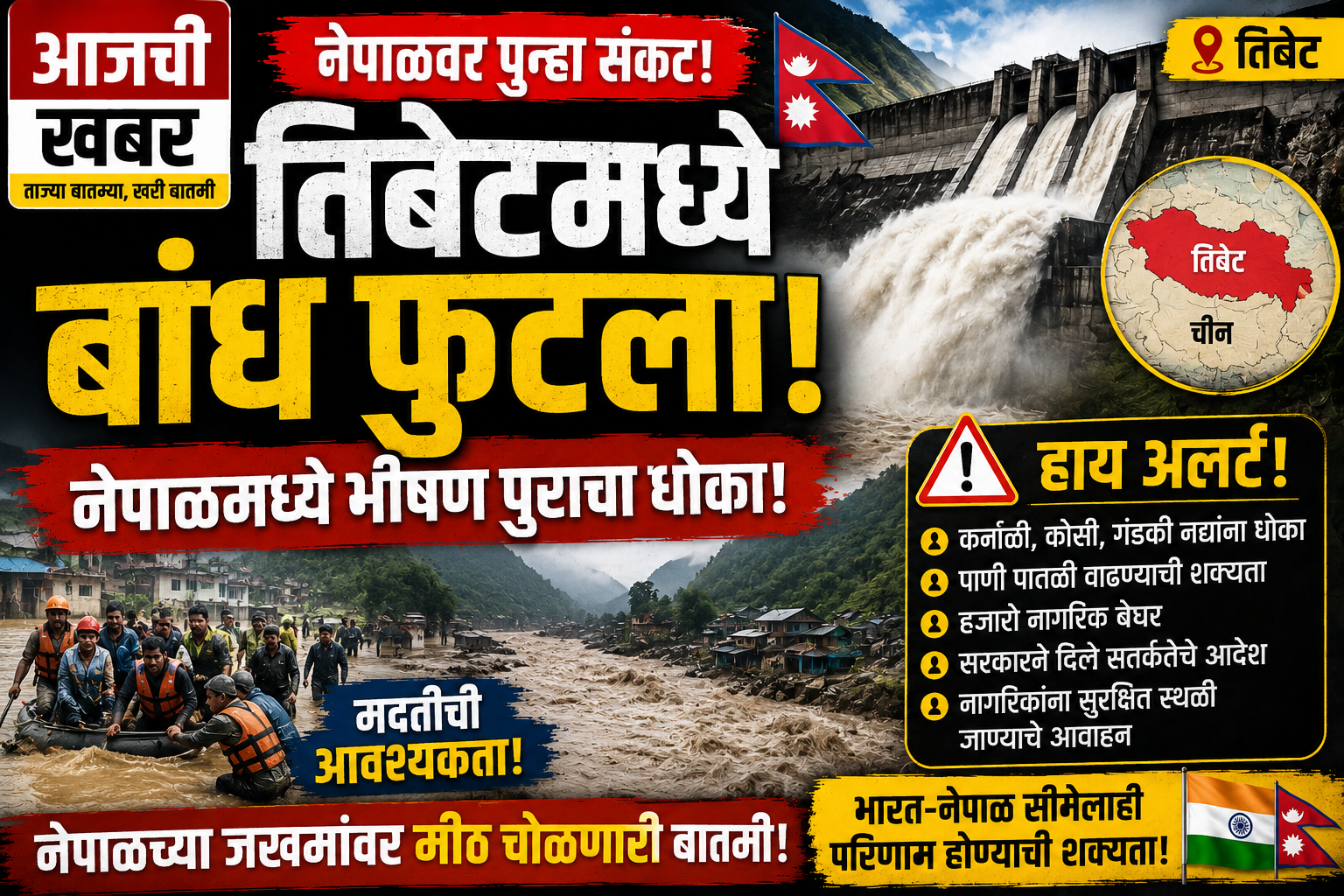 तिबेट धरण फुटले, नेपाळ पूर, नेपाळ पूरस्थिती, तिबेट धरण, Nepal Flood Alert, Tibet Dam Break, Nepal Flood 2026, कर्णाली नदी, कोसी नदी, गंडकी नदी, नेपाळ आपत्ती, पूराचा धोका, भारत नेपाळ सीमा, भारत नेपाळ पूर, पूरस्थिती अलर्ट, नेपाळ बातम्या, ताज्या बातम्या, आजची खबर, Nepal News, Flood Alert 2026, Tibet News